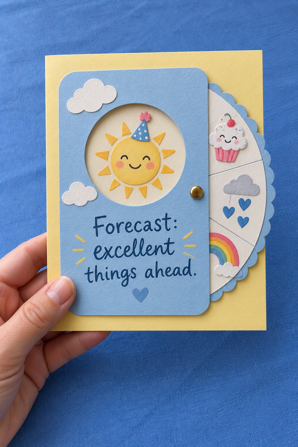 Blue and yellow birthday card with a circular sunshine window and an illustrated wheel at the right edge