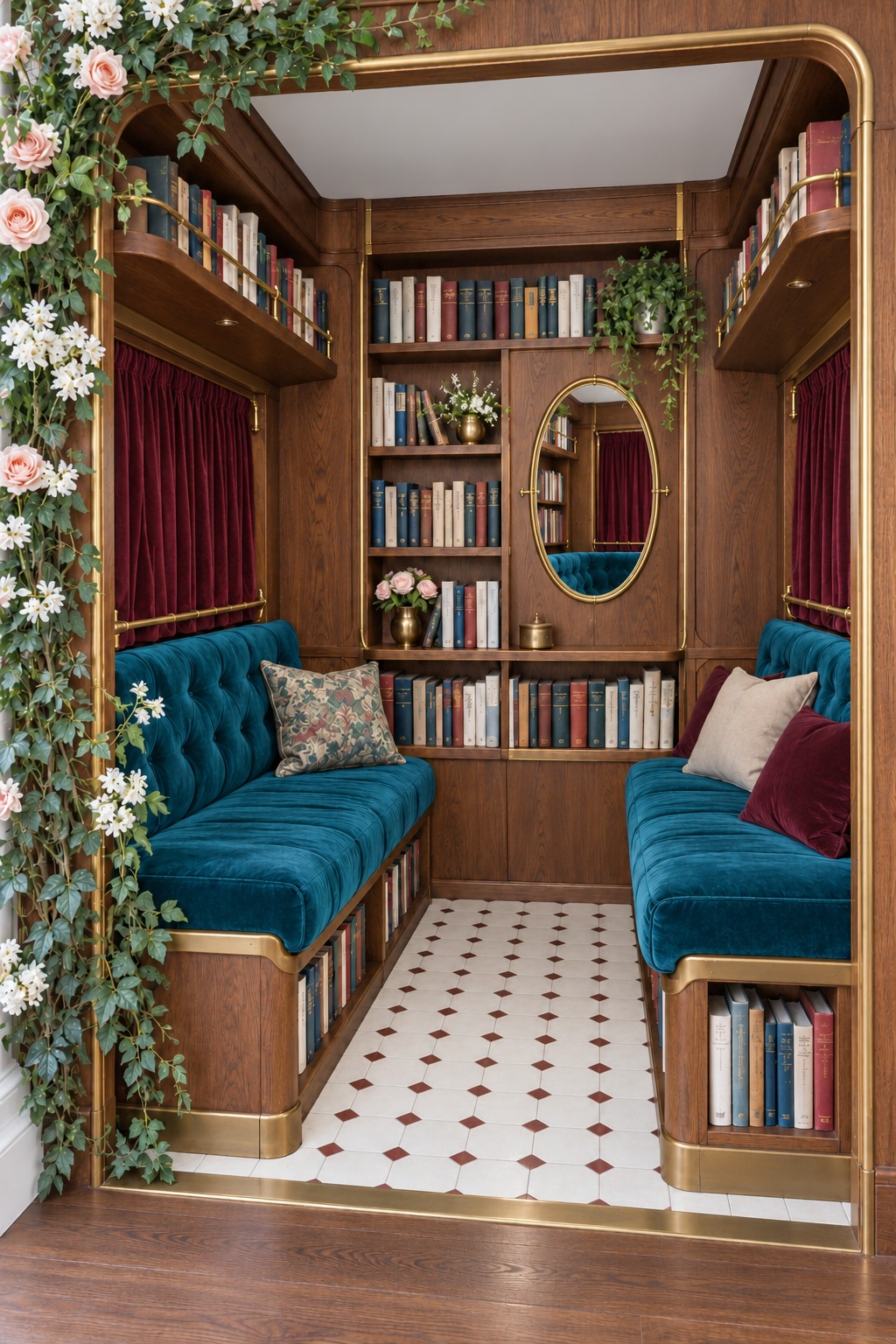 Wooden reading booth with facing teal benches, burgundy curtains, brass colored trim and flowers around the entrance