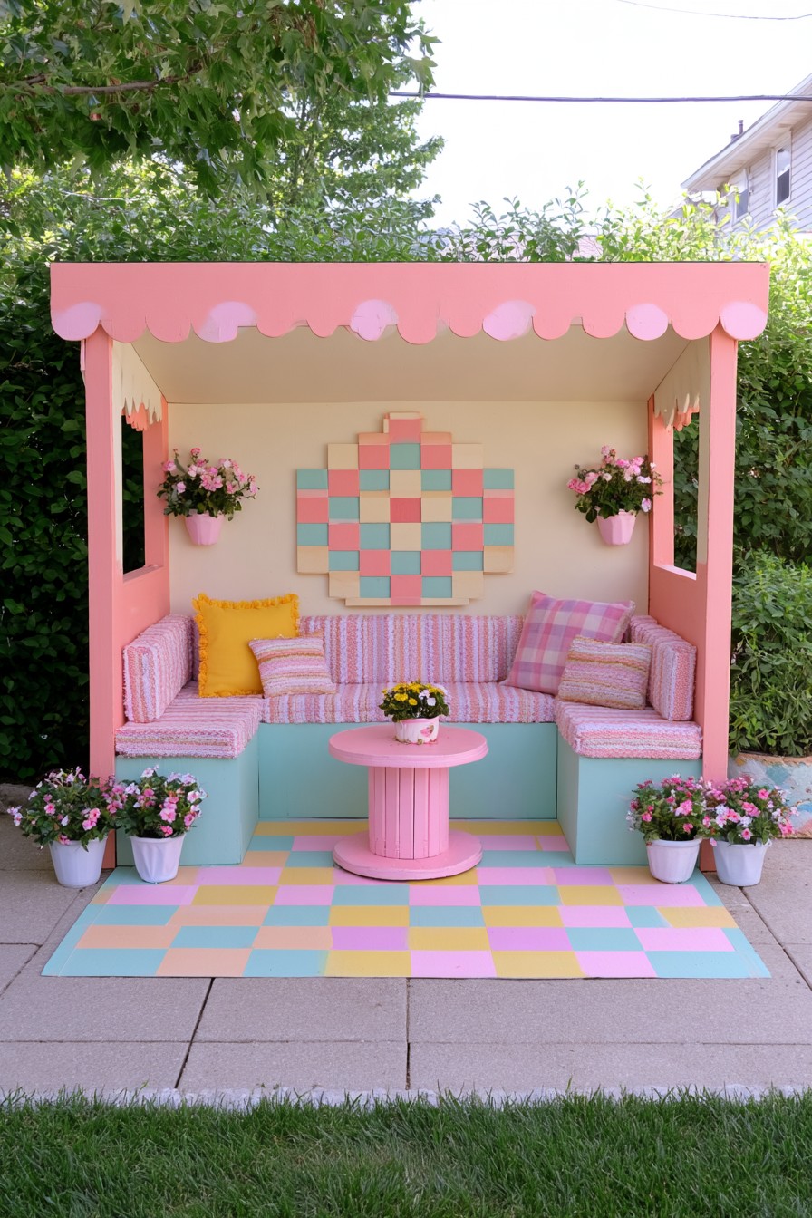 Pink canopy over pastel U-shaped seating, a round table, and a checkerboard floor