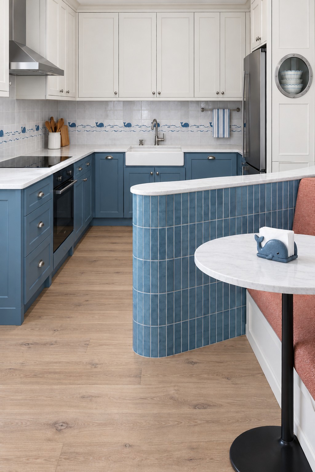 Blue and white kitchen with a whale tile border, a curved blue tiled breakfast partition, and a whale napkin holder