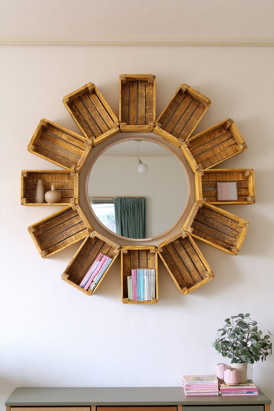 Wooden crates radiating around a round mirror as a wall display