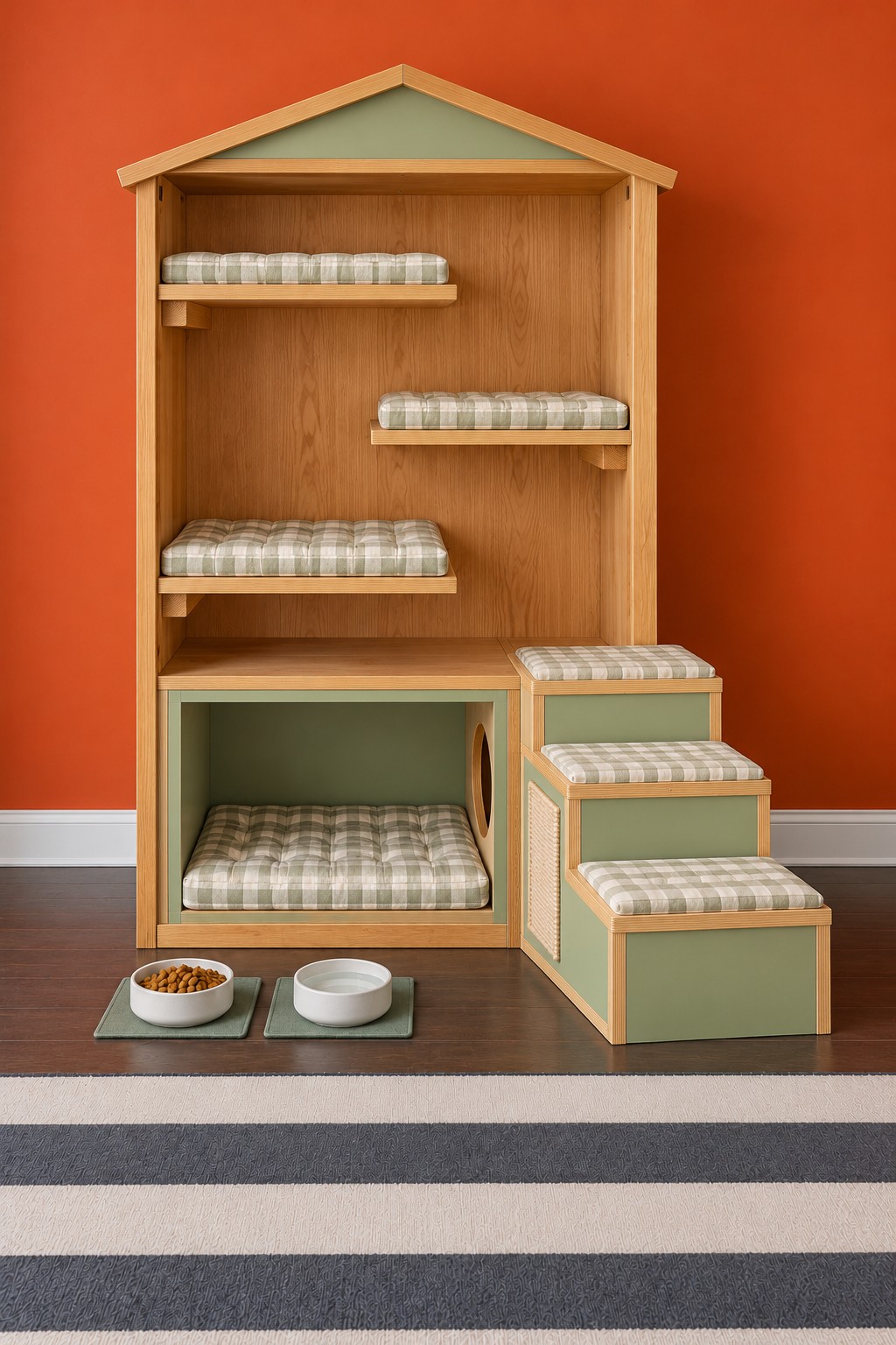 House shaped timber cat cabinet with three staggered gingham shelves, a sage den, and side steps