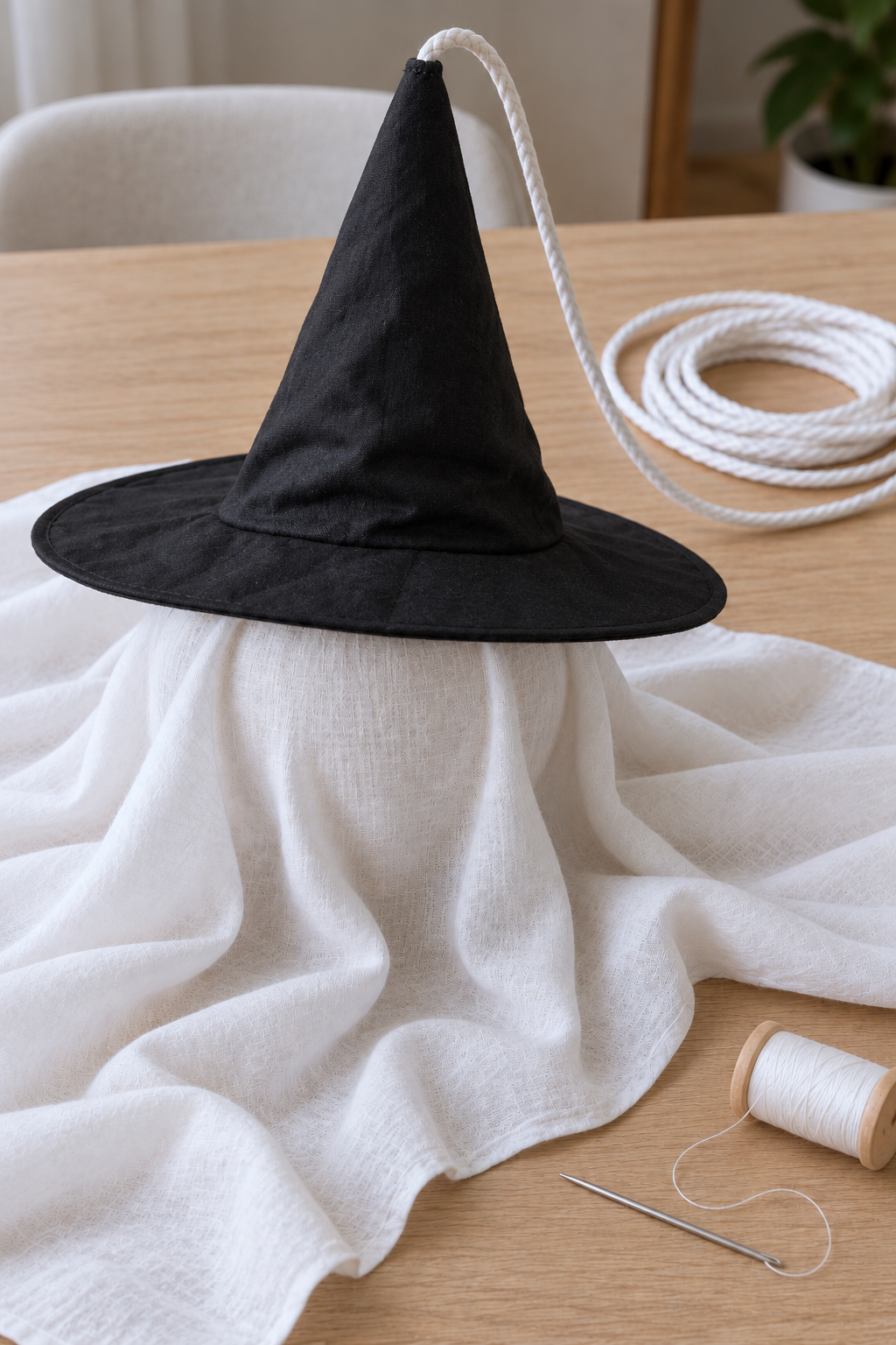 Black witch hat fitted over the white ghost head with the long hanging cord exiting the center of its pointed tip.
