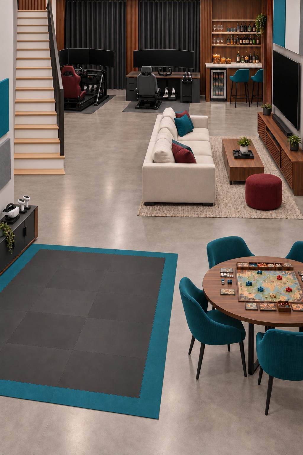 Basement with a teal bordered VR mat, round board game table, cream sofa, racing rig, flight simulator, and stairs