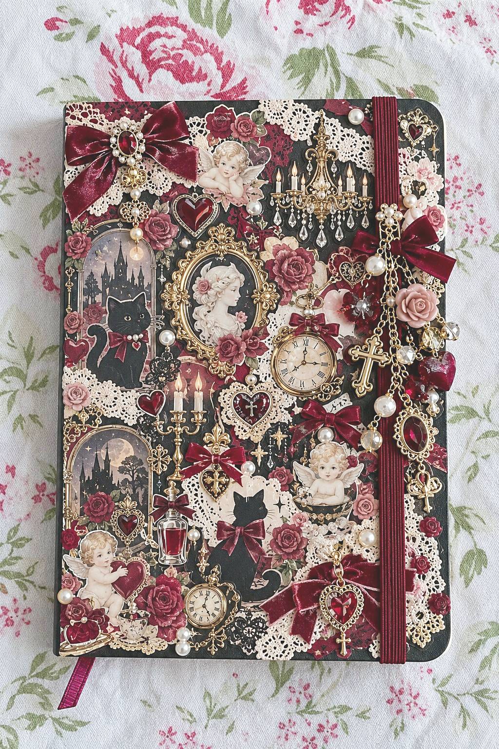 Burgundy and black Victorian collage cover with lace, portraits, roses, ribbon, and gold toned details