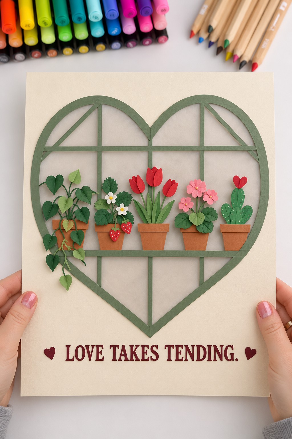 Heart shaped green paper greenhouse containing miniature potted flowers foliage and a cactus above Love Takes Tending