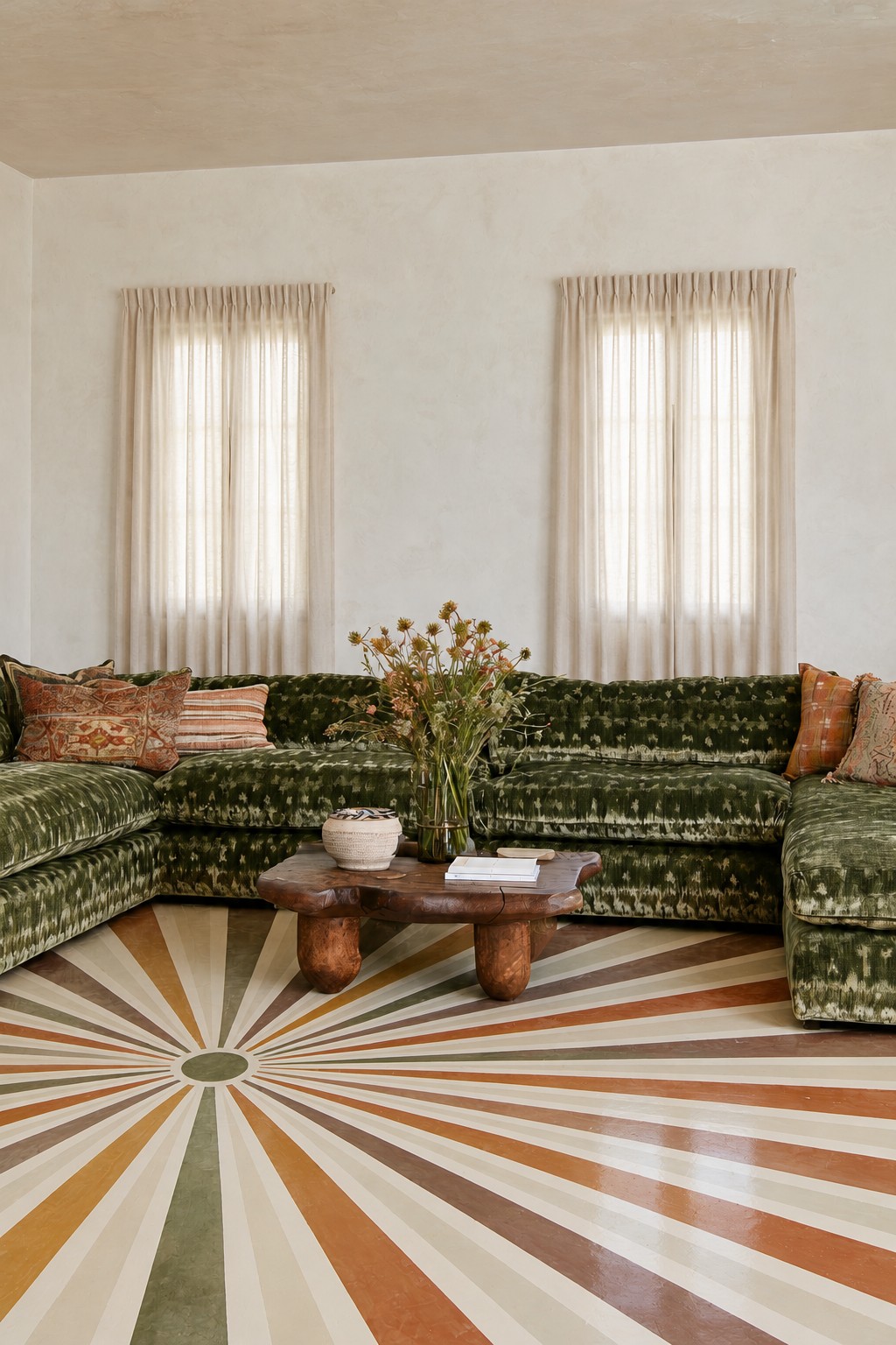 Cream, olive, ochre, and rust rays radiating from a circular center across a living room floor