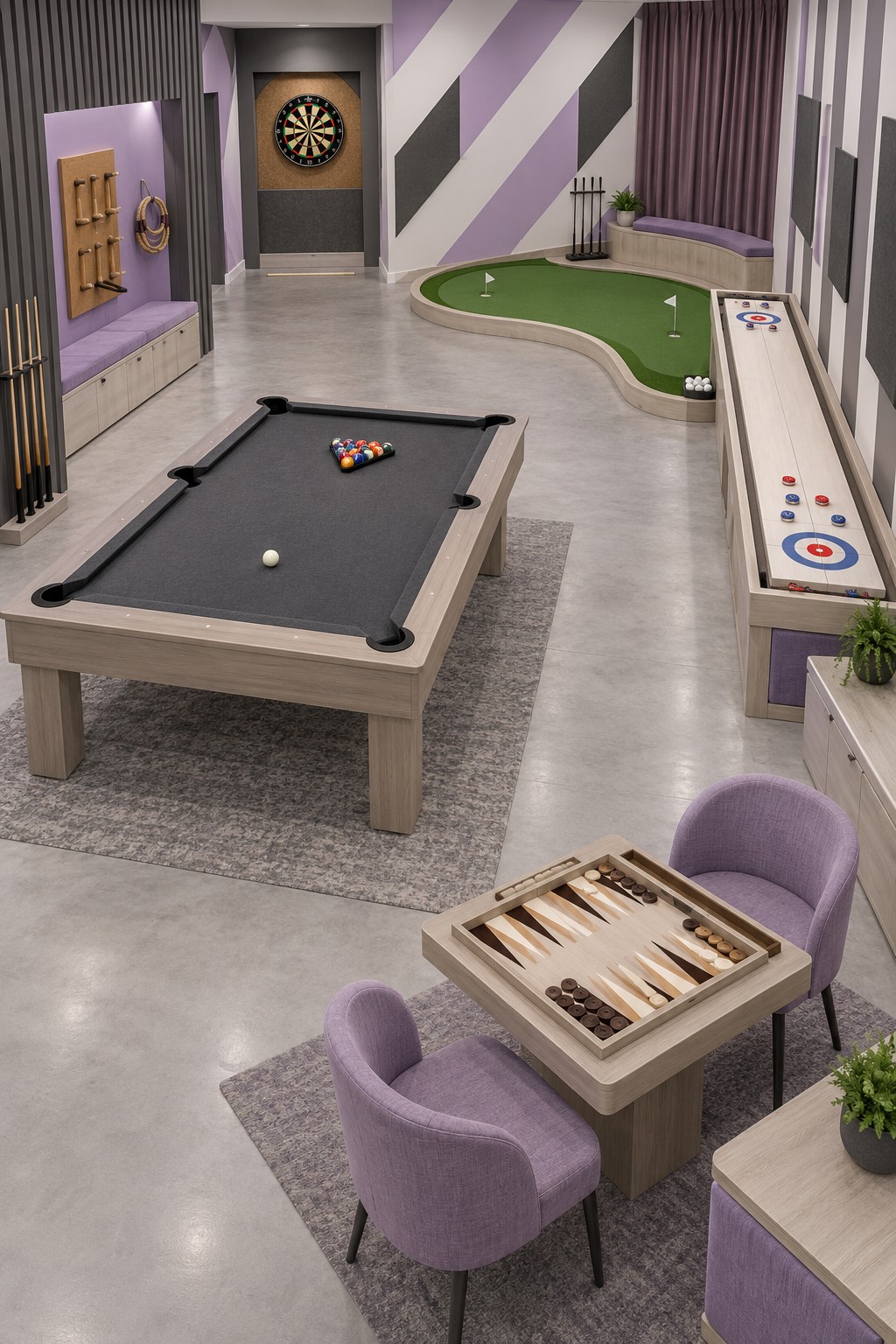 Lavender basement with backgammon seating, a gray pool table, putting green, tabletop curling, and a rear dartboard