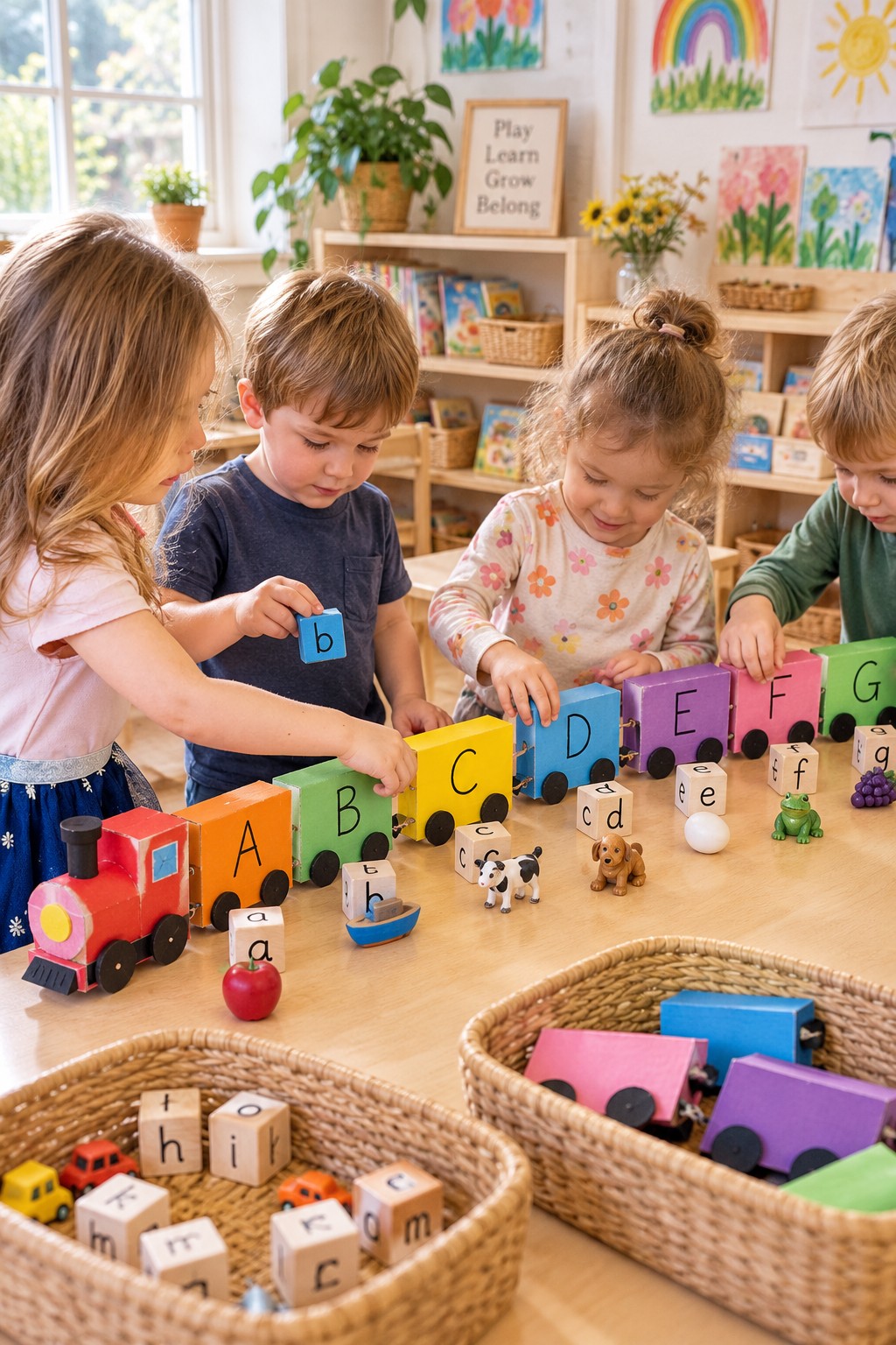 Alphabet train carriages with letter pieces and familiar object cargo