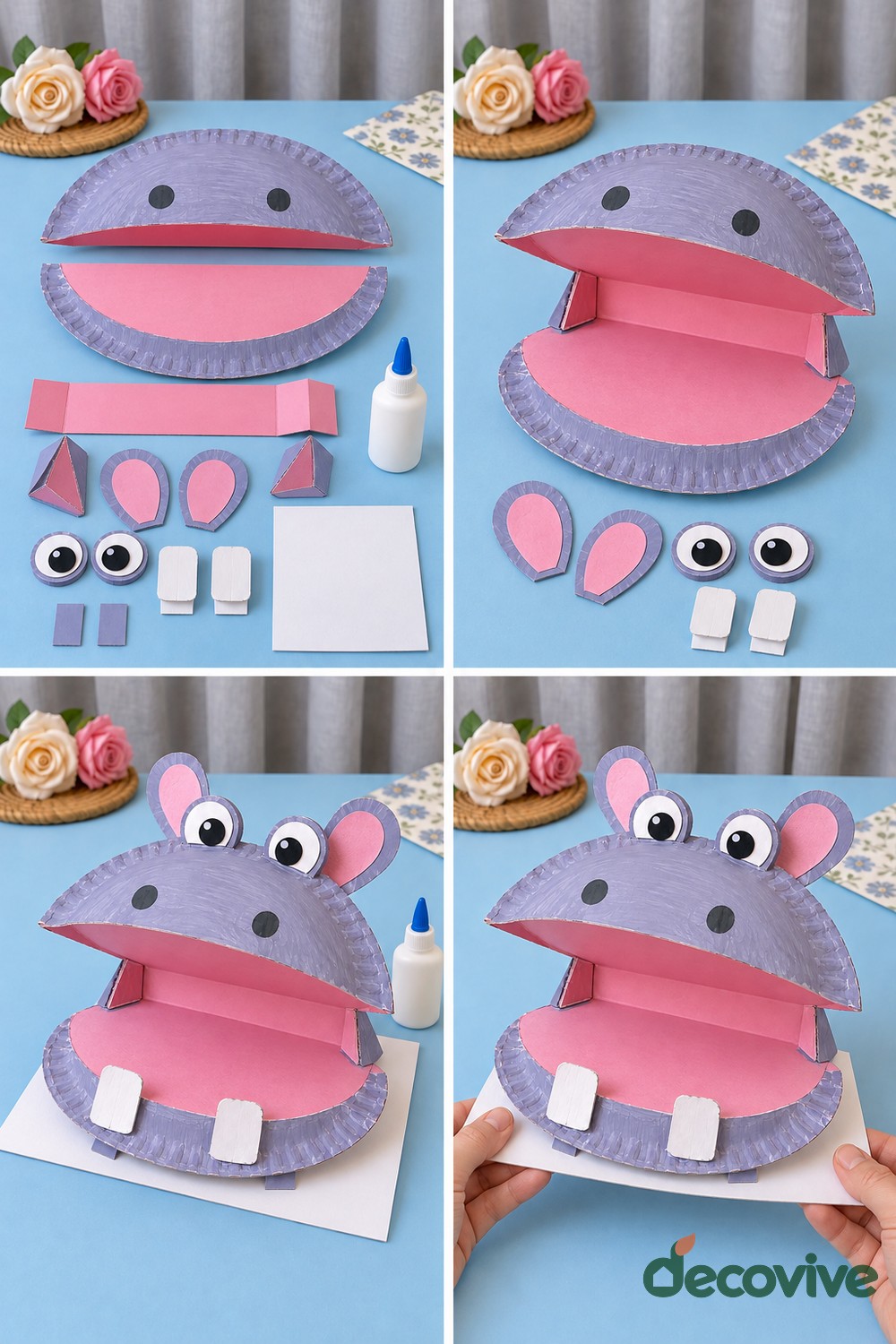 Making sequence for a paper plate hippo with an opening mouth