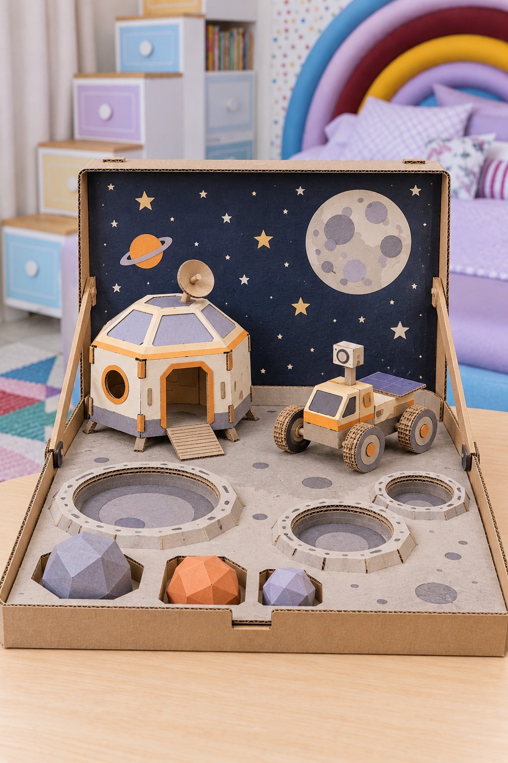 Open cardboard moon base play box with a space habitat, rover, recessed craters and removable rocks