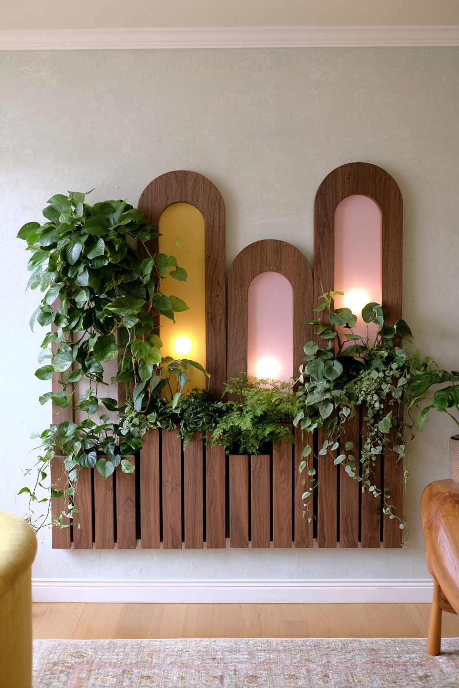 Three arched timber panels with pink and yellow centers, decorative lights, and foliage above a slatted lower planter