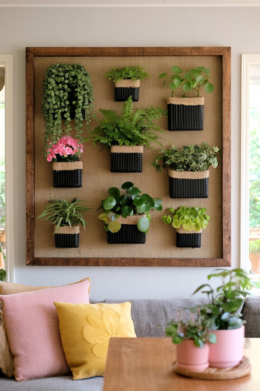 Rustic timber frame with burlap backing and dark basket style holders containing foliage, ferns, and pink flowers