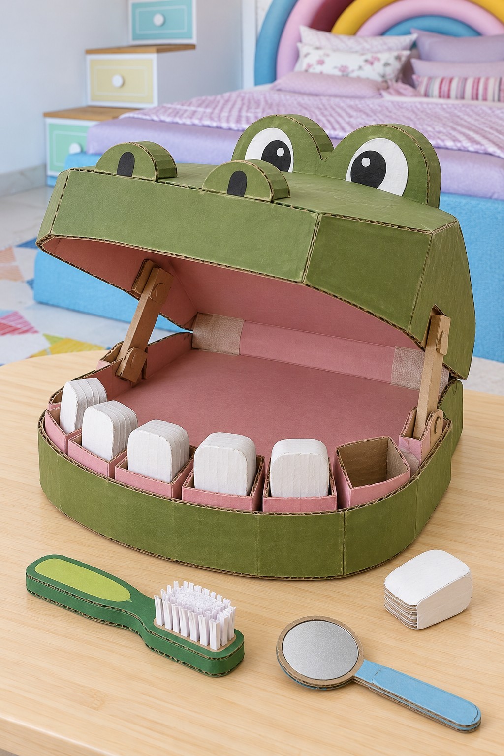 Green cardboard crocodile mouth with removable white teeth, a pretend toothbrush and a dentist mirror