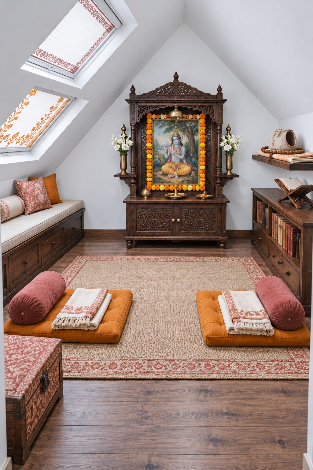 Carved wooden home mandir displaying Krishna with an orange flower garland and saffron floor cushions