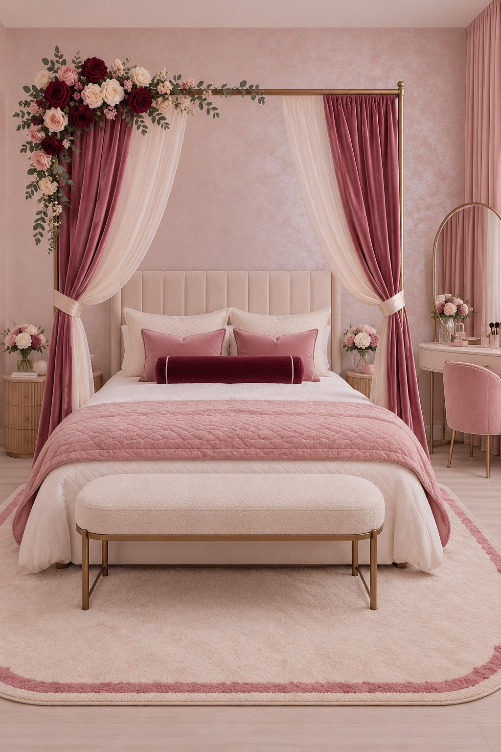 Rose pink bedroom with a metal canopy, layered ivory and deep rose curtains, flowers, and a pink bench