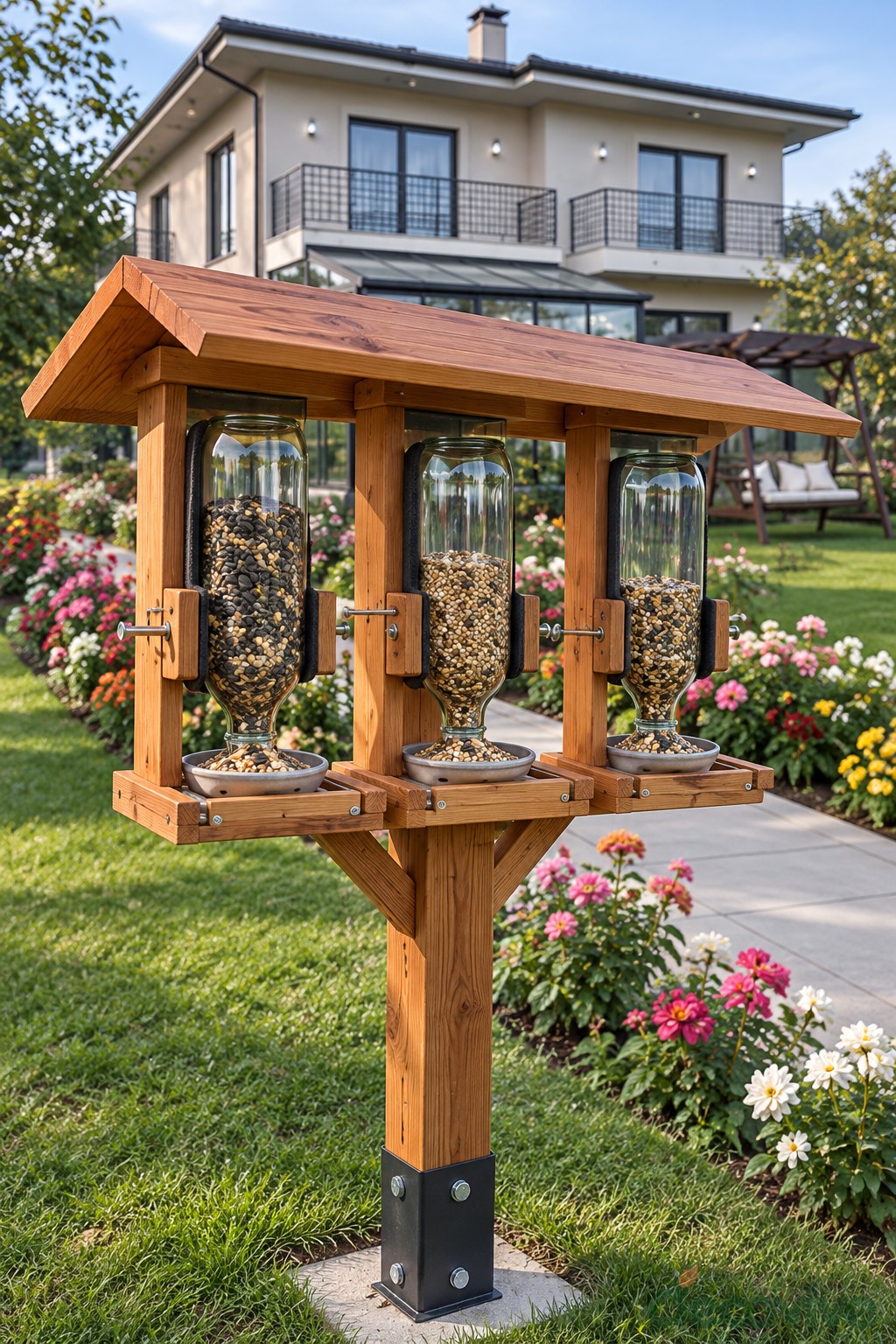 Timber bird feeding station with three inverted glass bottles dispensing seed into dishes