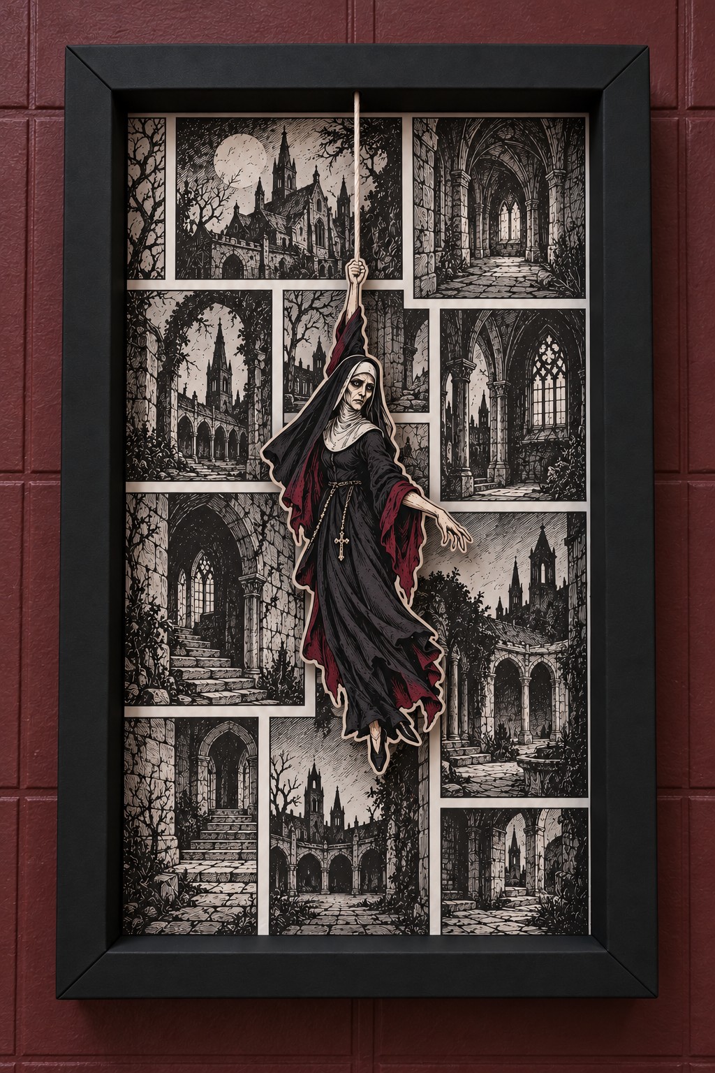 Black and burgundy veiled nun suspended over Gothic church and castle panels in a black paper frame