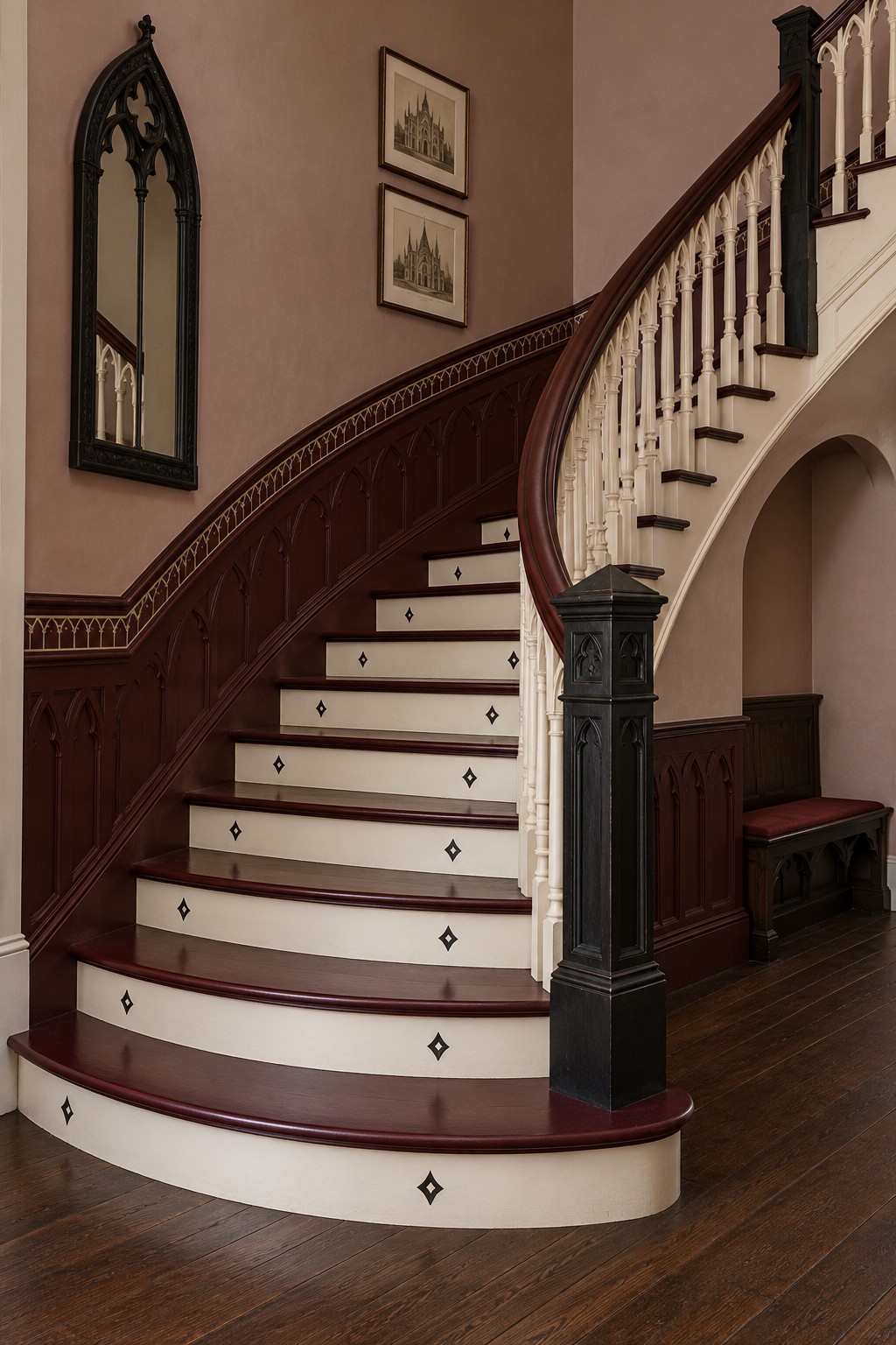 Curved staircase with cream risers, small black diamond motifs, dark wood treads, and a black newel post