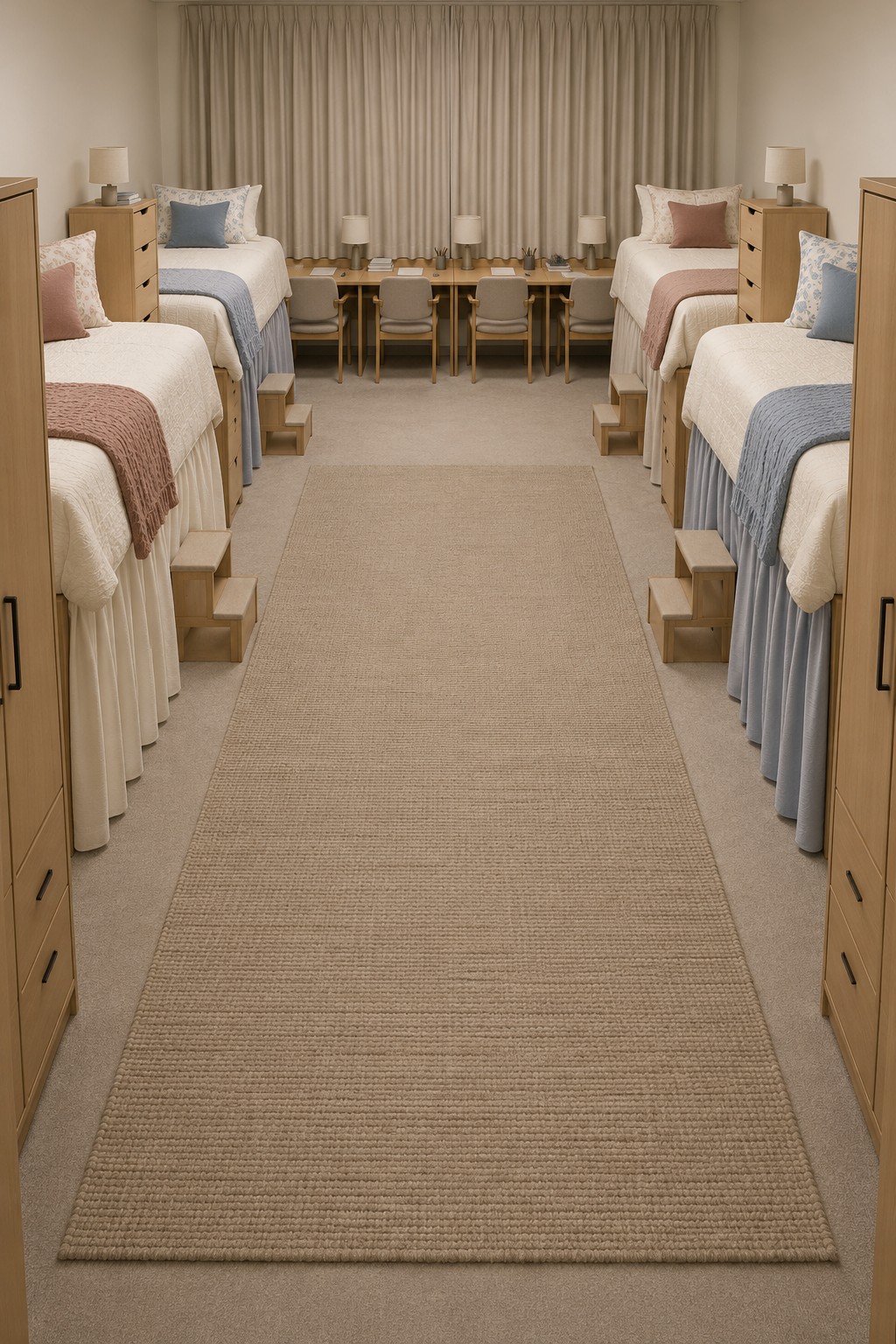 Four raised beds with white bases, blue and blush throws, bedside storage, and a long neutral rug
