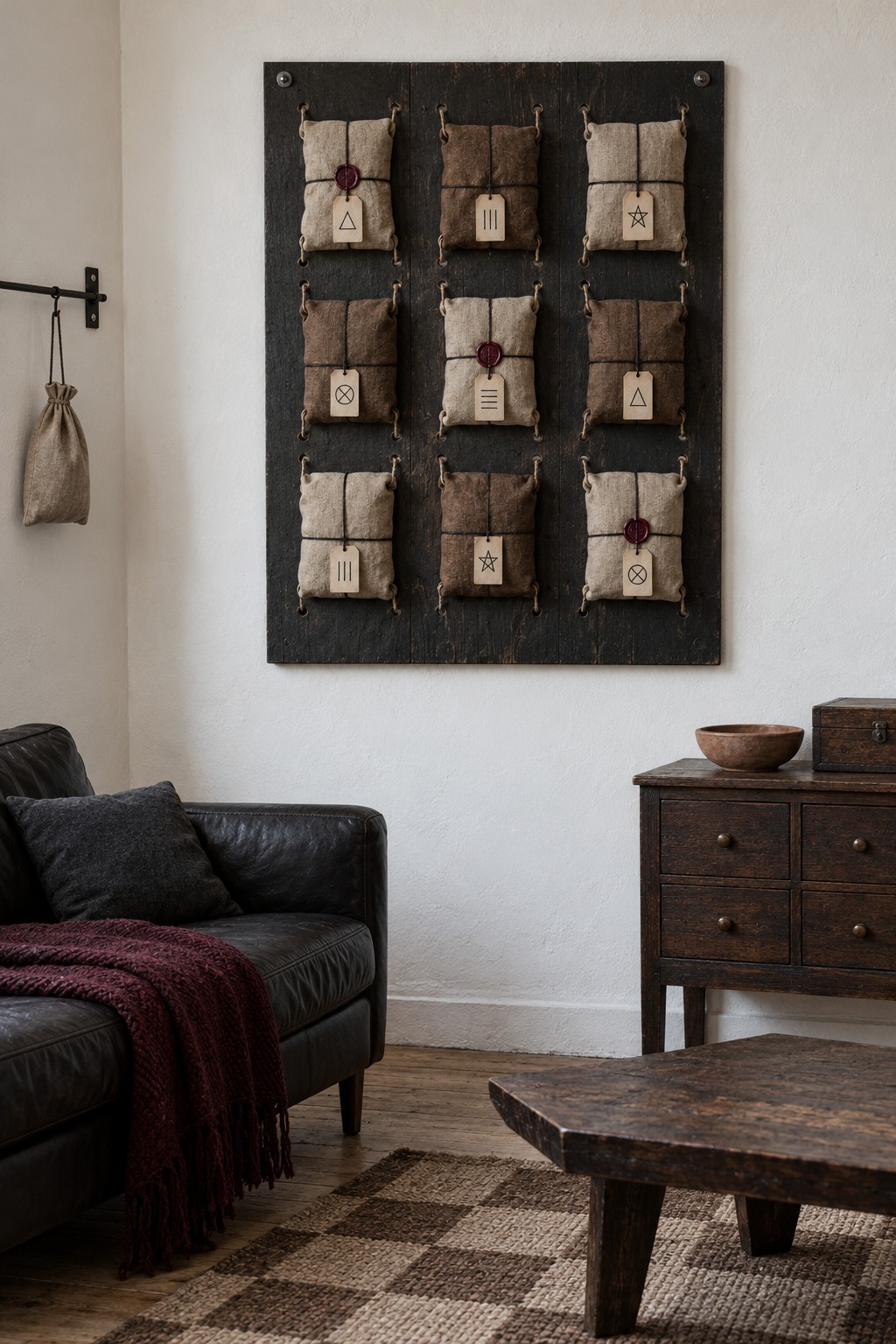 Black wooden wall board holding nine small linen parcels in a three by three grid with cord, tags and burgundy seal details
