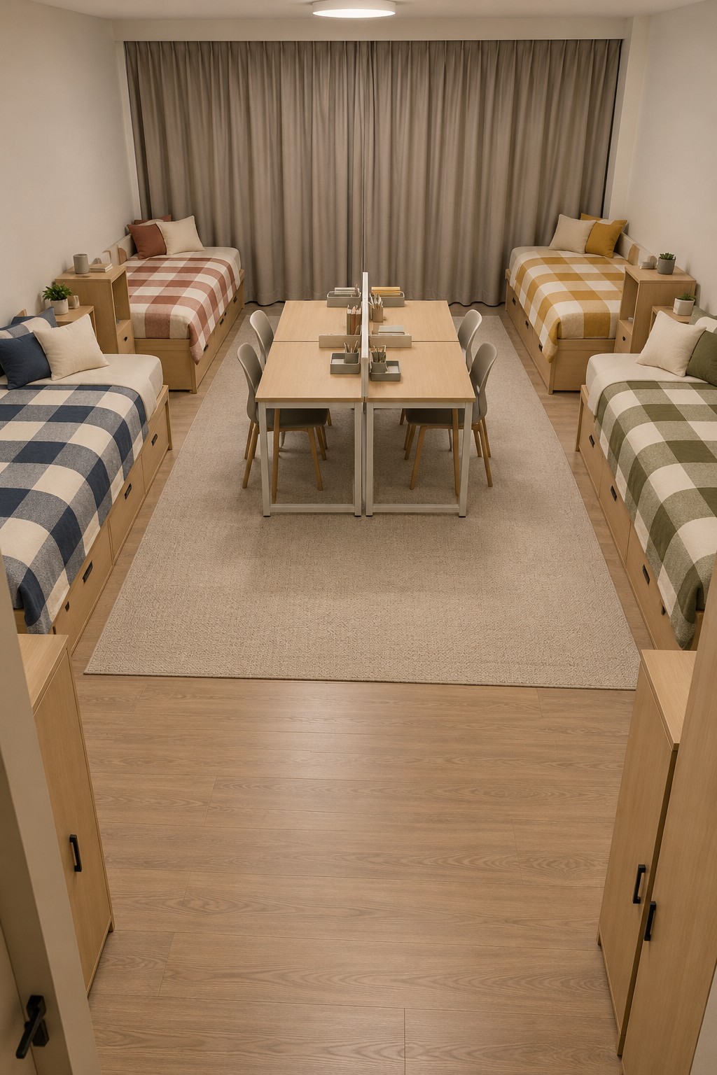 Four separate beds with blue pink mustard and green gingham covers surrounding a central table