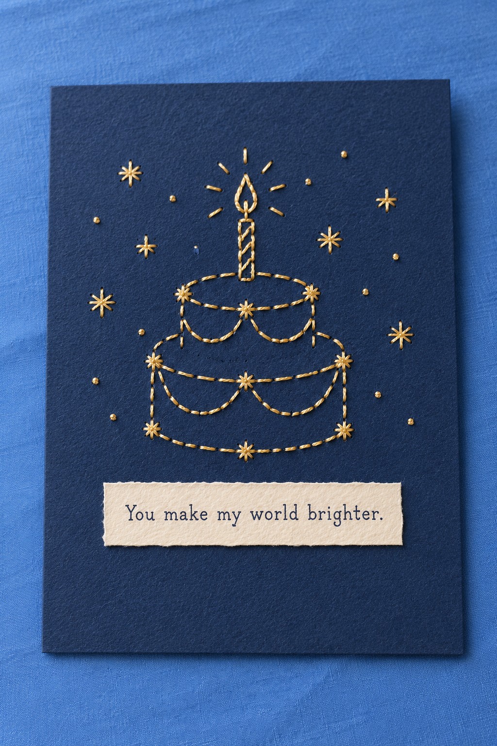 Navy birthday card with a cake outlined in gold thread and a cream message strip