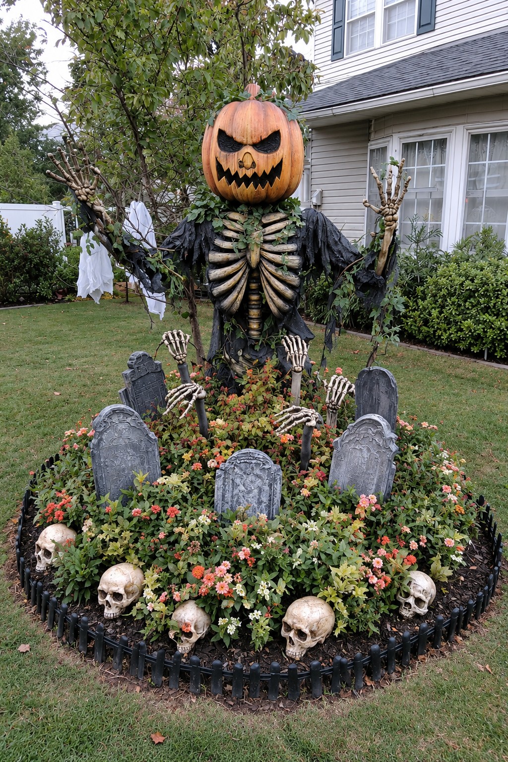 Pumpkin-headed skeleton above gray grave markers, skull props, and a flowering garden bed