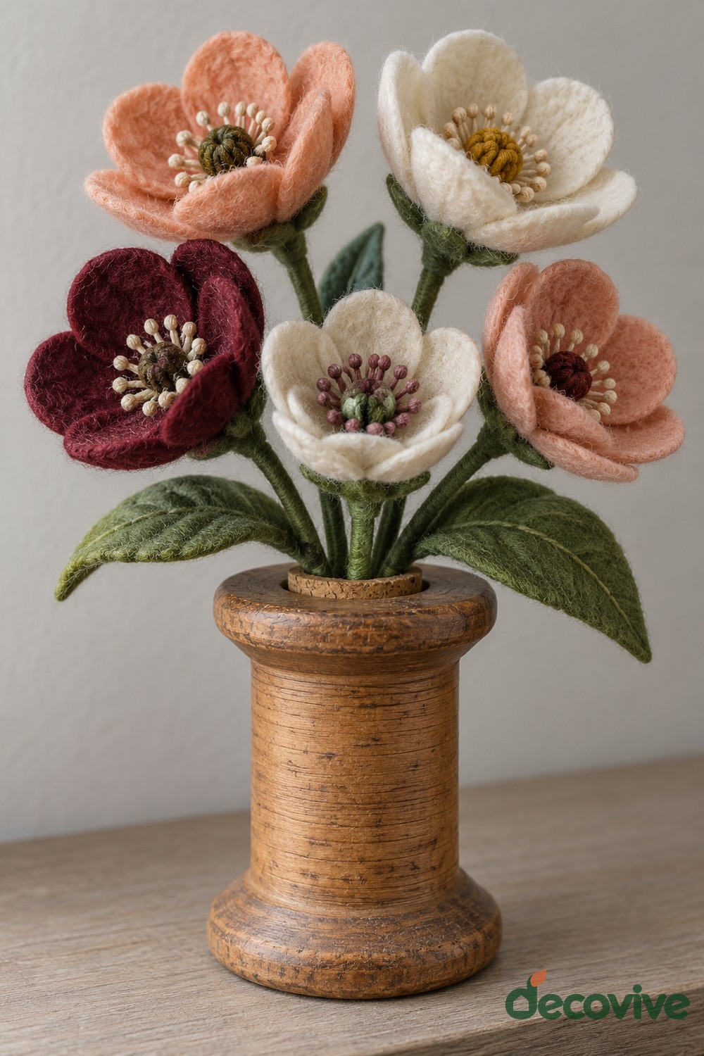 Felt Anemones in a Wooden Spool Vase