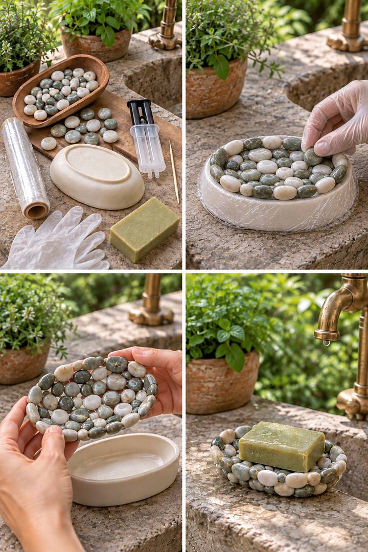 Green and white pebbles formed around an oval mold into a draining soap dish