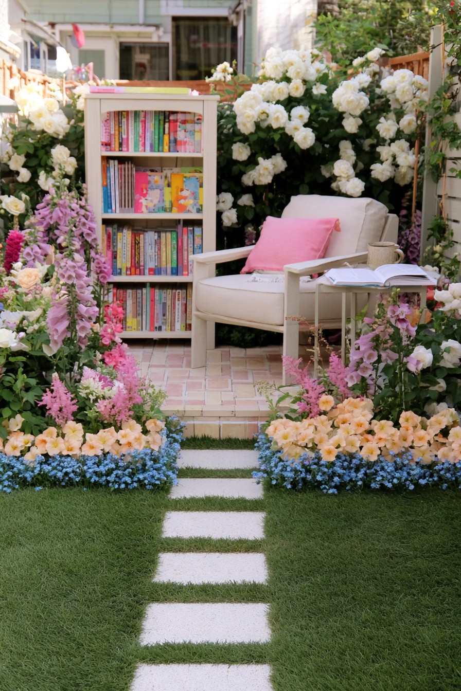 Cushioned reading chair, side table, and open bookcase on a small paved garden platform