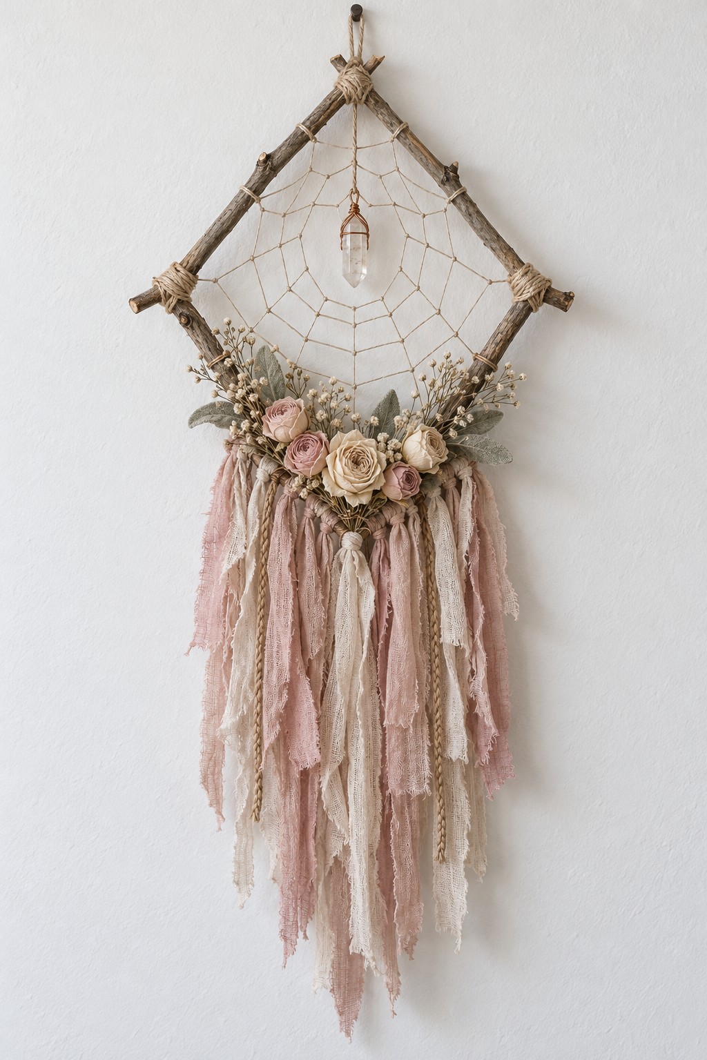 Diamond shaped twig frame with a fine cord web, clear pendant, dried roses and long blush fabric fringe