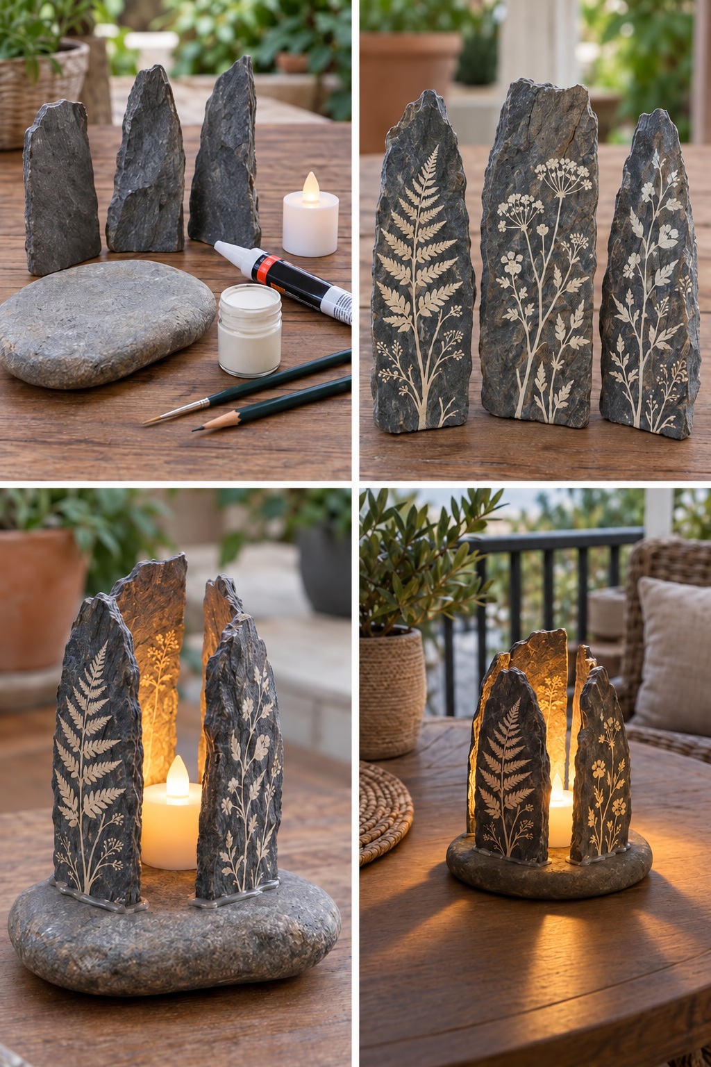 Four panels showing painted opaque slate panels, a battery LED lantern, and simple light escaping through the panel gaps