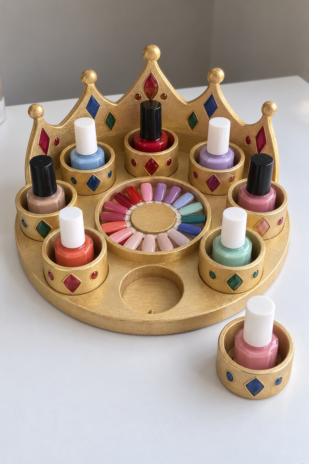 Gold crown shaped organizer with removable bottle cups, jewel decorations, and a central circular swatch display