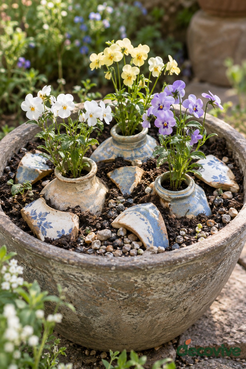 Broken Vase Necks as Viola Planting Frames