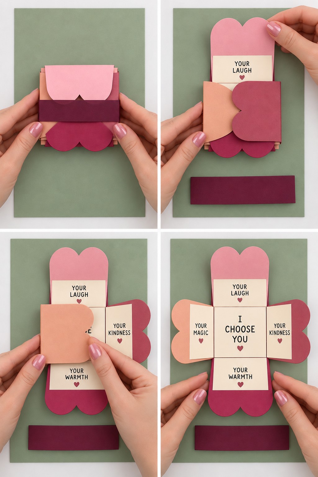 Four views of a folded pink and burgundy message flower opening on green card to reveal I Choose You and four reasons