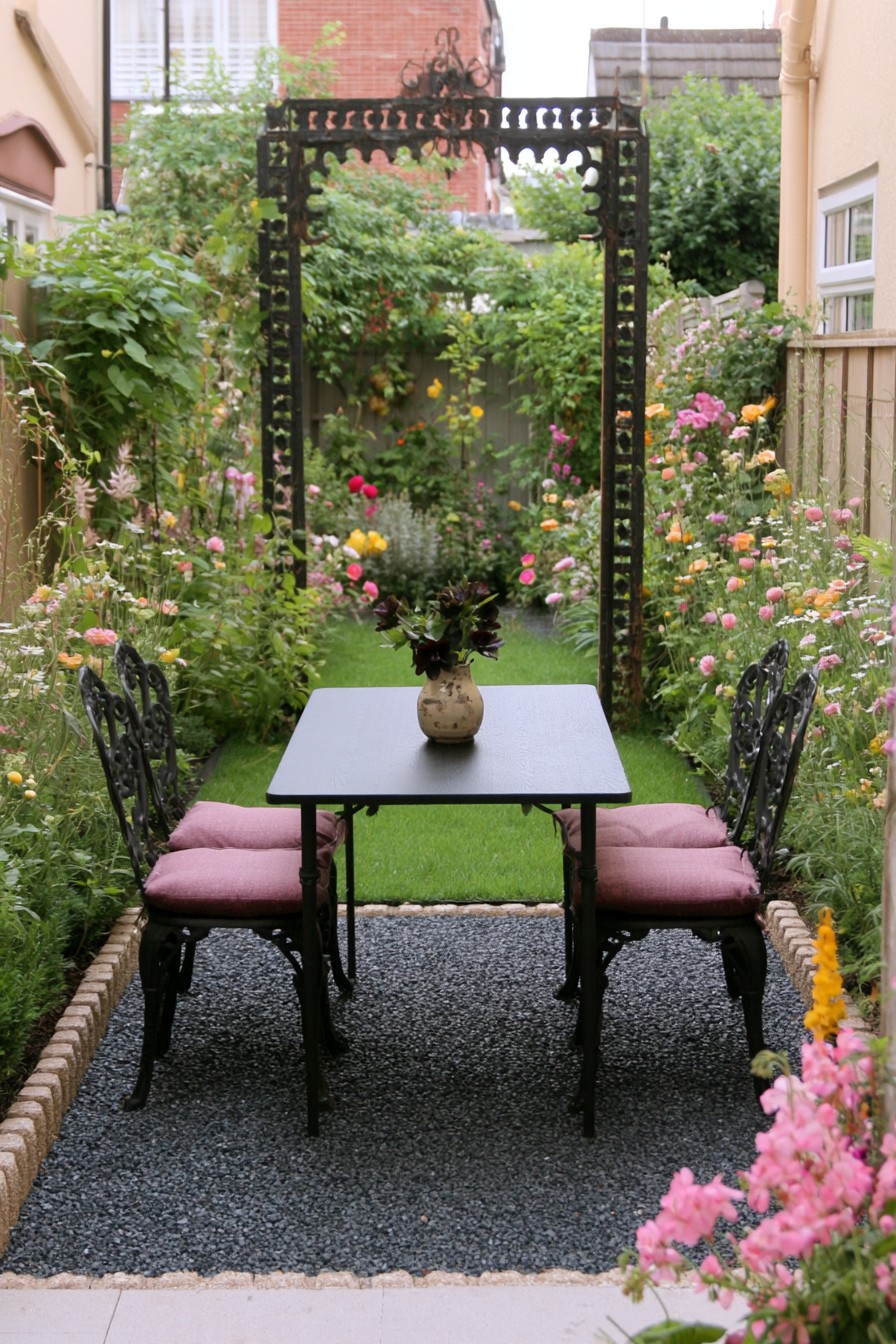 Gothic outdoor dining garden with iron furniture and dark gravel