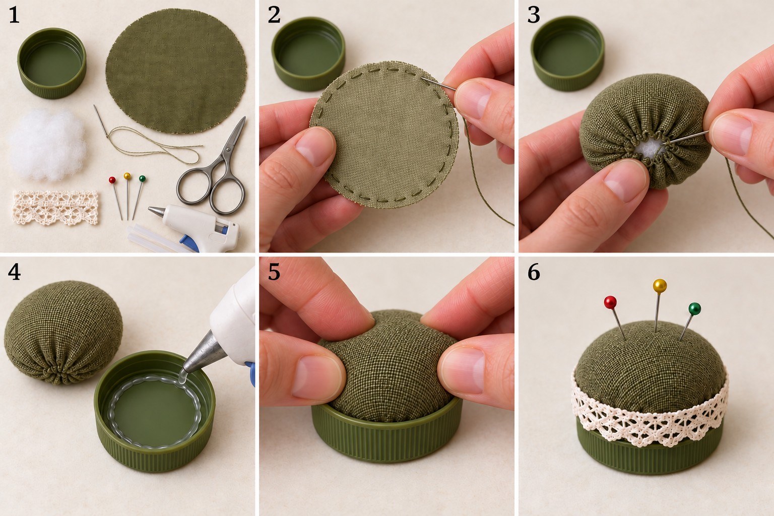Six steps for a bottle cap pincushion showing materials, fabric stitching, filling, hot glue application, pressing the cushion into the cap, and the finished pincushion