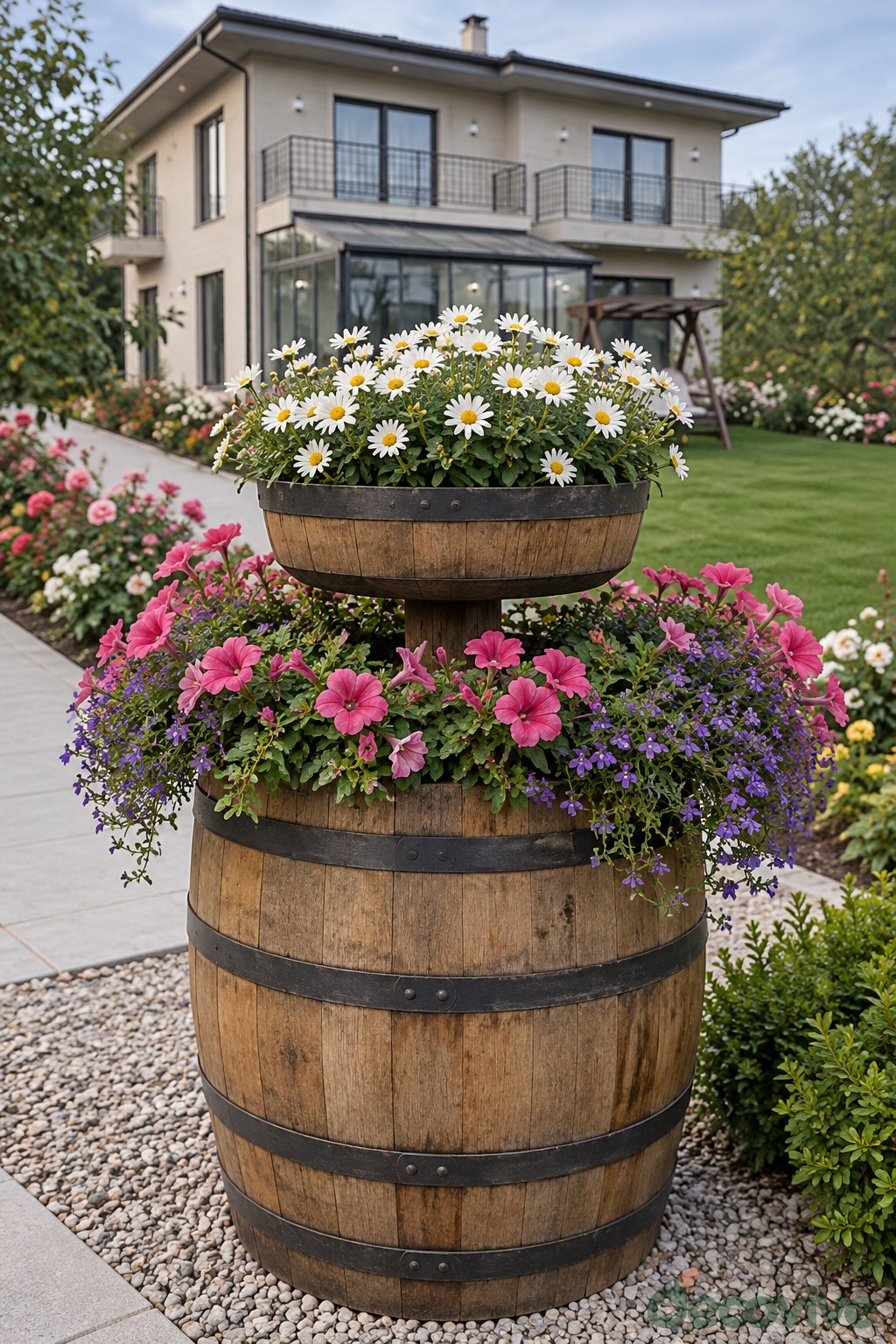 A Two Level Barrel Flower Garden