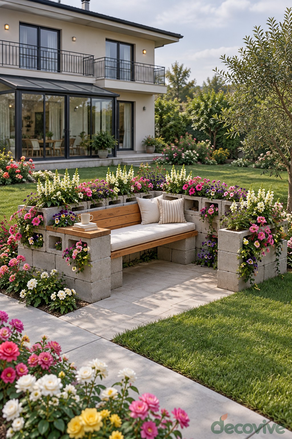 Garden reading bench with concrete block flower surrounds timber arm shelves and a cream cushion