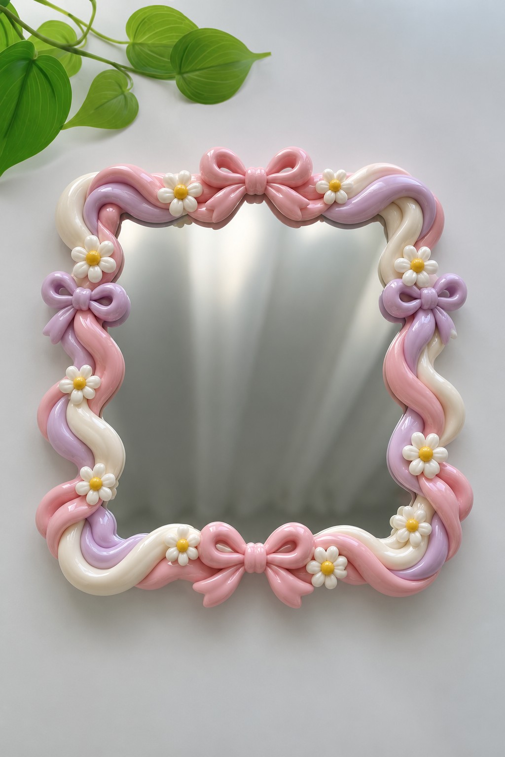Rectangular mirror edged with pink sculpted ribbons, bows, and small white daisies
