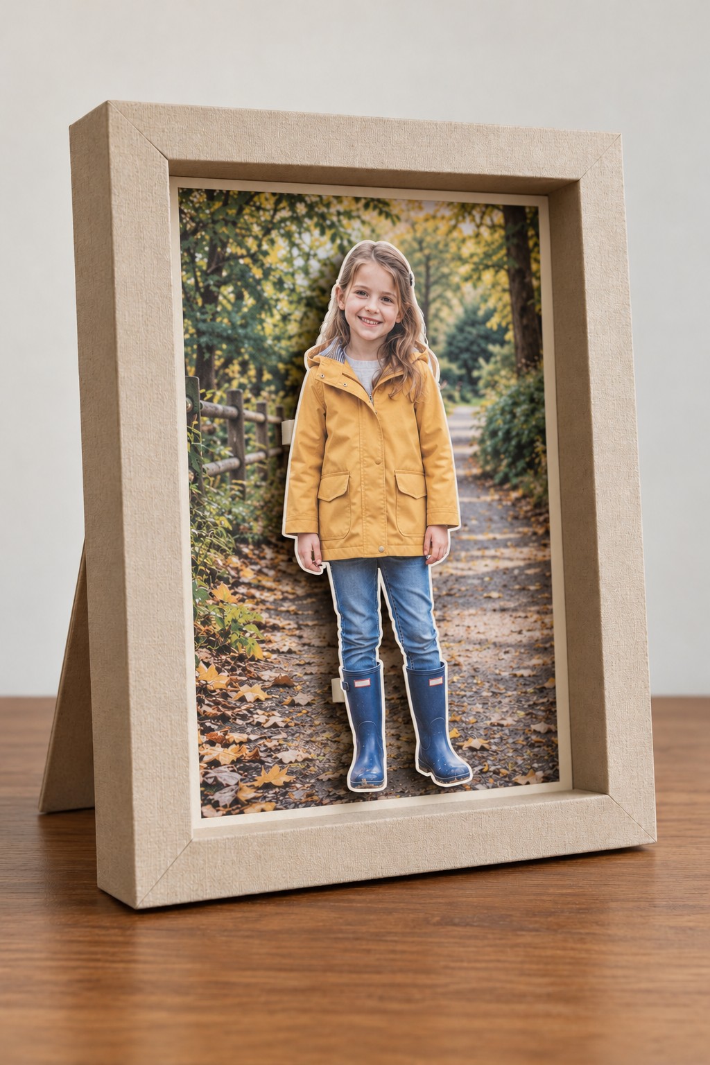 Cutout portrait of a child in a yellow coat raised in front of a matching woodland photo background