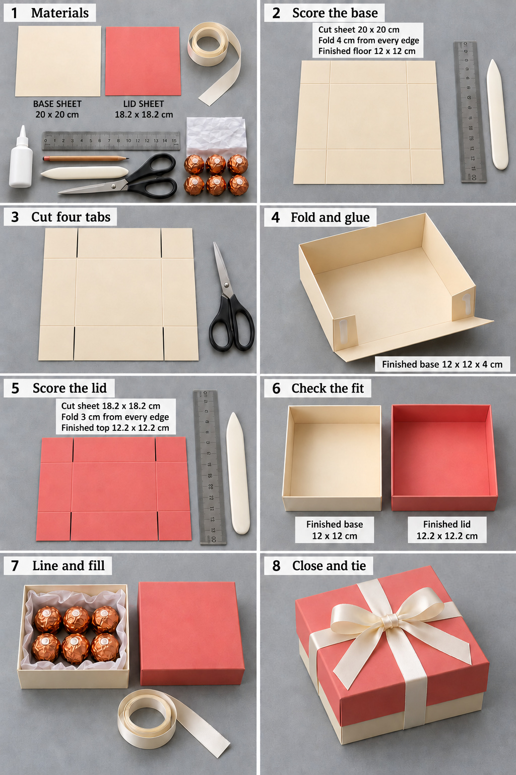 Eight stages of making a cream cardstock gift box with separate cut sheet and finished measurements, a 12 cm base and 12.2 cm coral lid