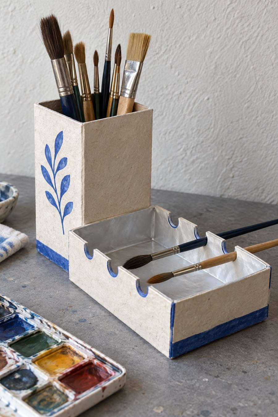 Cream carton brush holder and shallow notched tray with blue botanical decoration