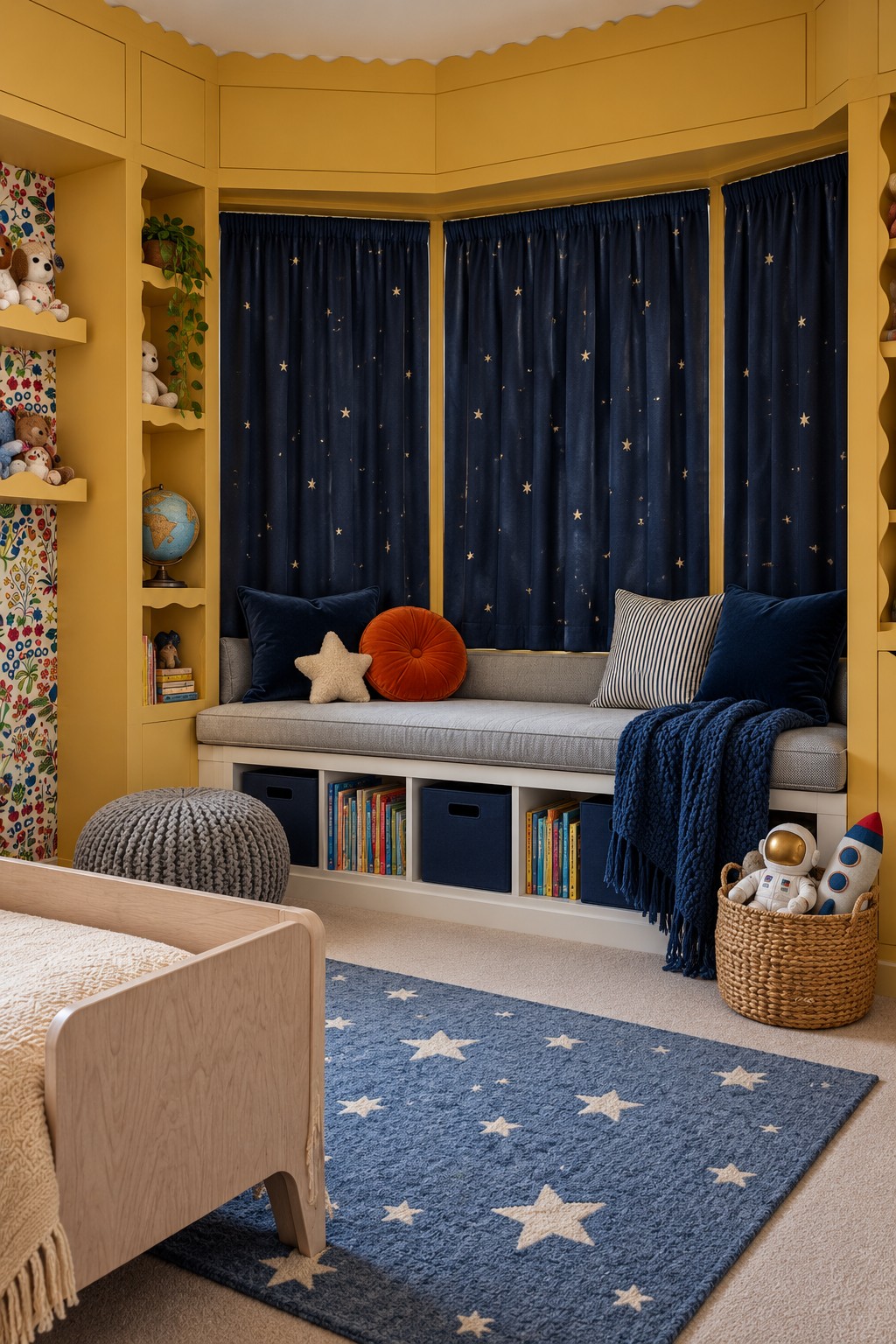 Gray cushioned window bench with books below, navy star curtains, star rug, and mustard yellow built in storage