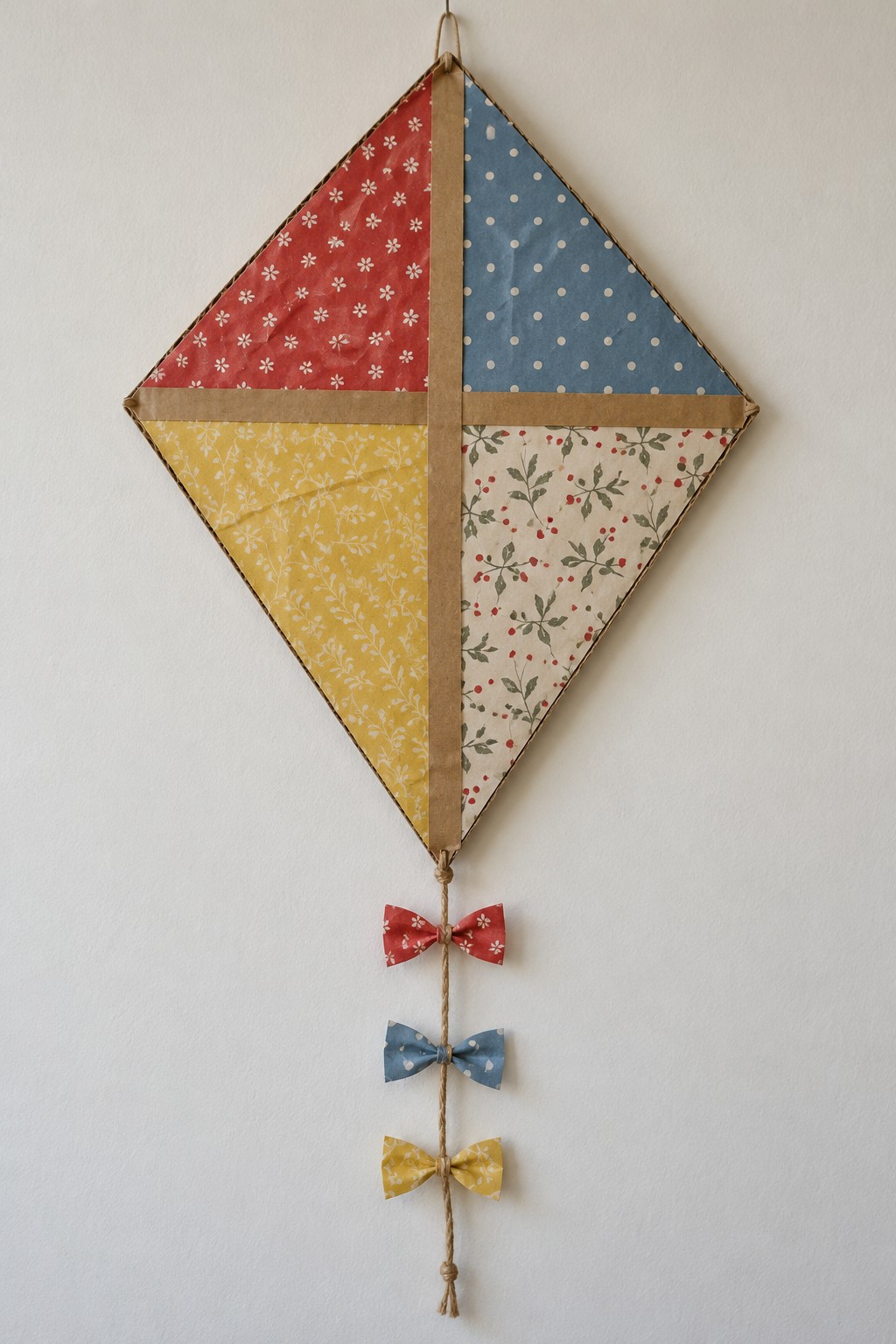 Diamond shaped wall kite with red blue yellow and floral fabric panels and three small bows on its tail