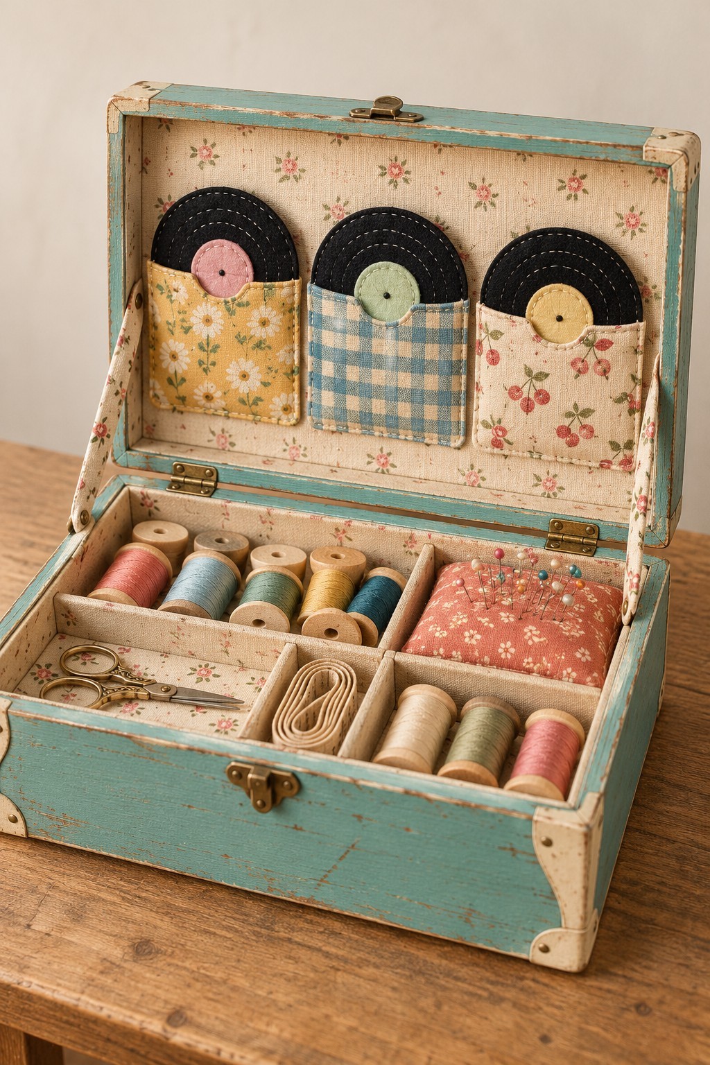 Open turquoise sewing case with floral lining, record shaped felt pieces and thread compartments