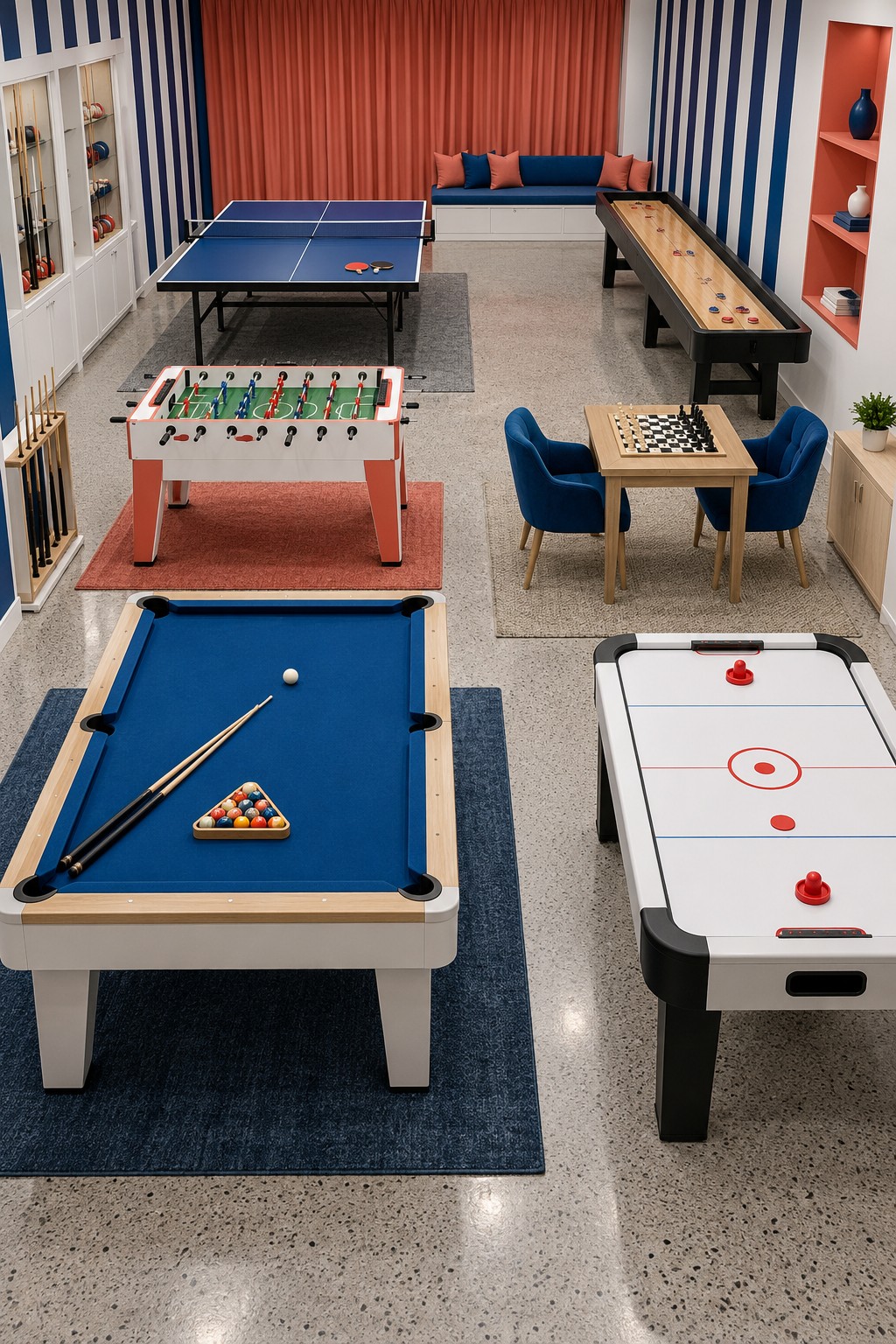 Striped basement with pool, air hockey, foosball, chess, table tennis, and a long shuffleboard table