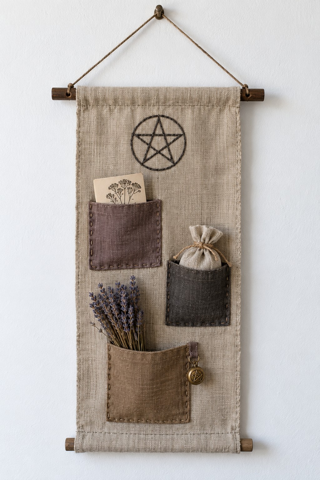 Natural linen wall organizer with an embroidered pentagram, three dark patch pockets, lavender and a small cloth sachet