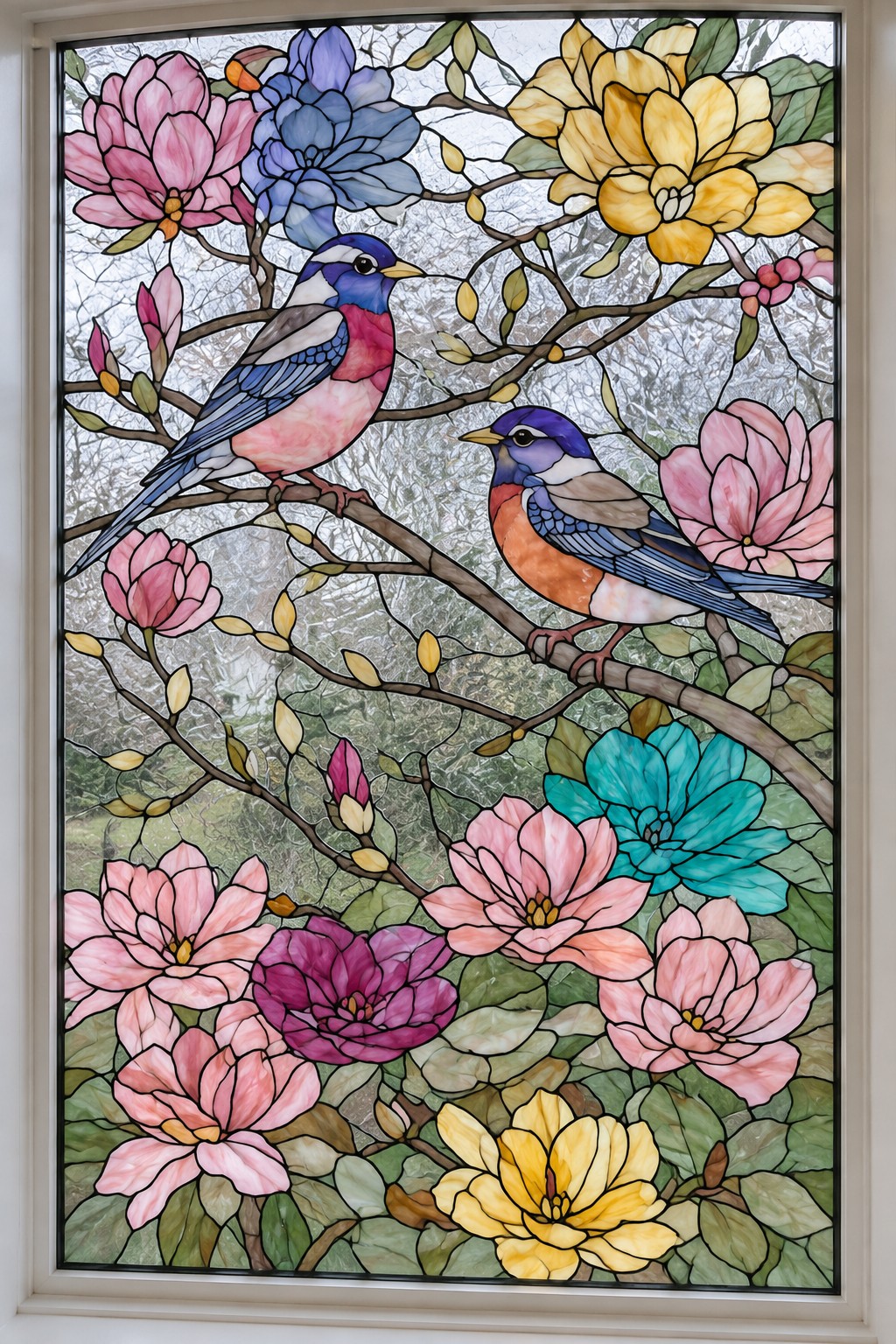 Two blue and coral birds perched on branches among large pink, yellow, blue, and turquoise flowers